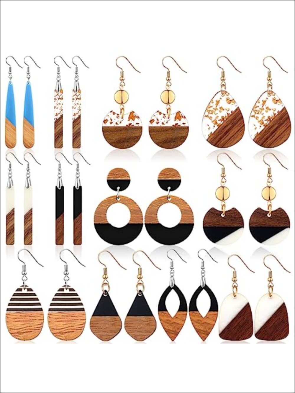 12 Pairs Wooden Resin Earrings Boho Stud Dangle Gift Set